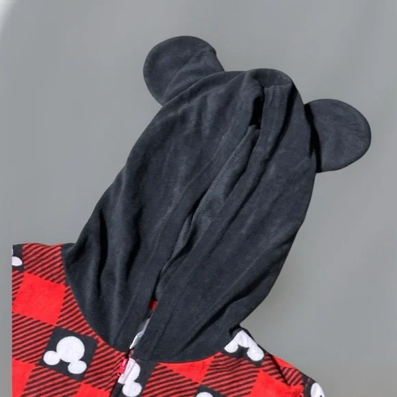 Disney Mickey Mouse Red Plaid Fleece Hooded One Piece Pajamas Large - Picture 4 of 5
